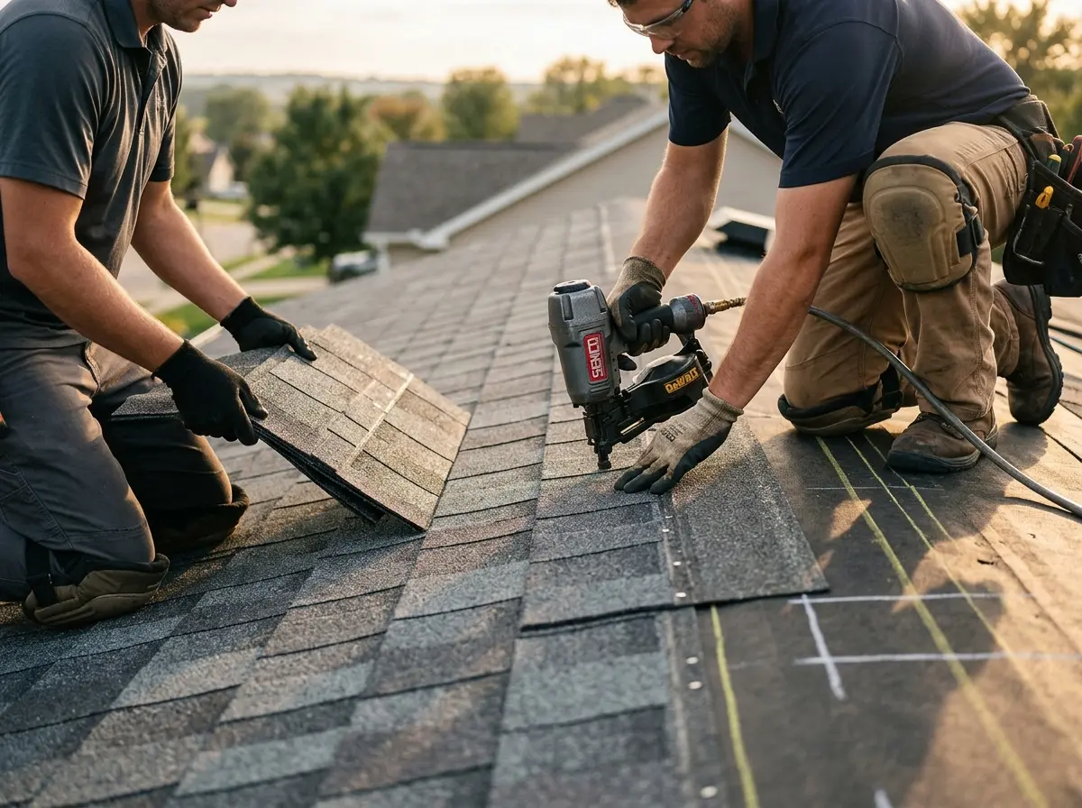 Professional roofer working on a residential roof in Sunrise